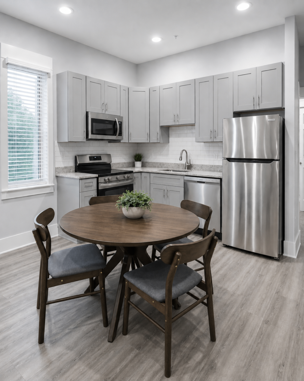 Kitchen with stainless appliances and dining