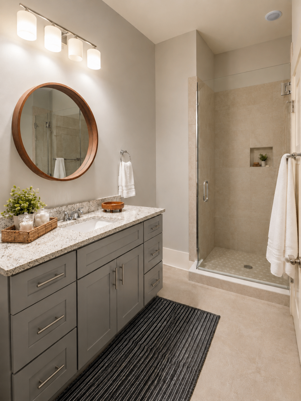 Bathroom with walk-in shower and round mirror