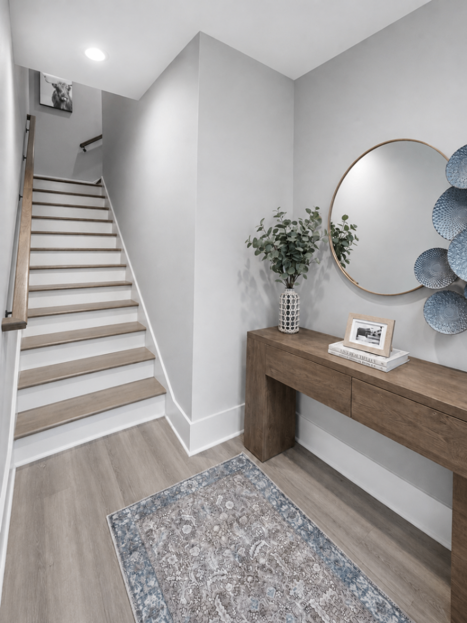 Interior entryway with staircase and console table